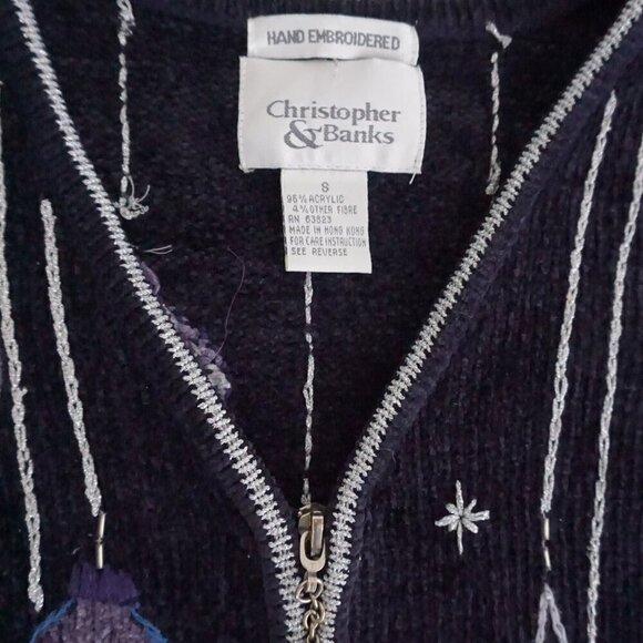 Vintage Christopher & Banks Navy Embroidered Christmas Ornaments Zip Vest S - Picture 9 of 9